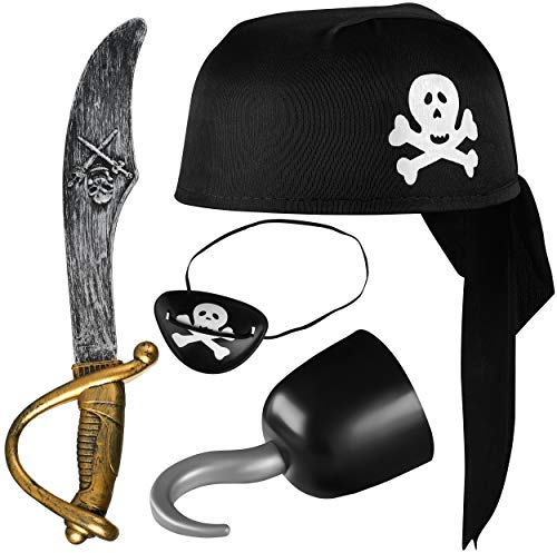 Balinco Piratenset 4-teilig für Kinder bestehend aus Schwarzem Piratenhut + Säbel + Augenklappe + Piratenhaken - Kostüm Set für Fasching/Karneval