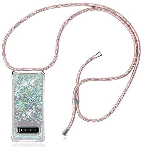 HongMan Handykette Hülle für Samsung Galaxy S10 - Quicksand Glitzer Hülle mit Band - Silikon Handyhülle mit Kordel Umhängenband - Schnur mit Treibsand Case zum Umhängen