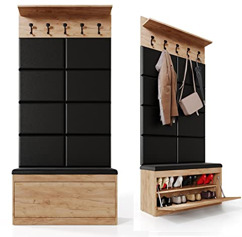 PLATAN ROOM Wand-Garderobe Set mit Garderobenpaneel & Schuhschrank & Hängeschrank 100 cm Flurgarderobe Garderobenset Flur Eiche Holz Weiß (3-TLG. mit 8 paneel, Eiche Gold)