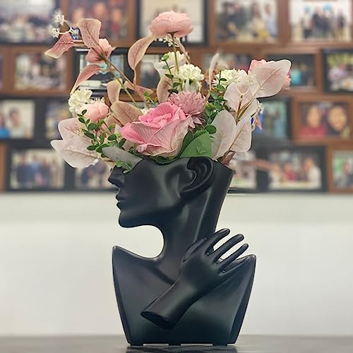 Semeid Moderne Kopfvase, Statue, Übertopf, griechischer Brustkopf, Blumenvase, Kunstharz, Damengesicht, Töpfe für Pflanzendekoration (schwarz)