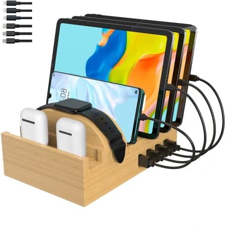 Ladestation für mehrere Geräte, Alltripal Bambus 7-Port Handy Ladestation 50W USB Ladegerät Schnelles Charger Organizer Kompatibel mit Handy