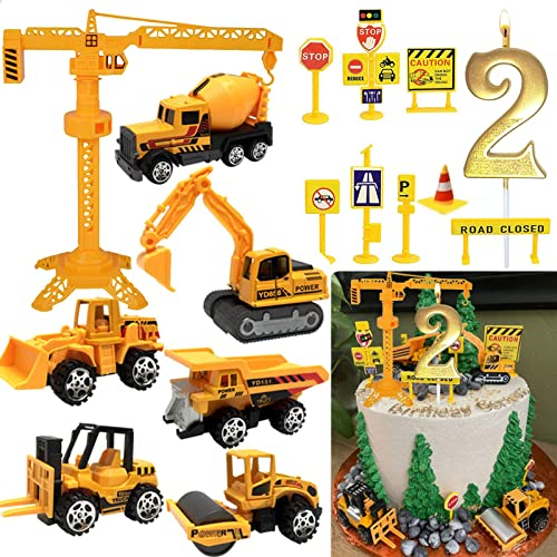 Drookaen Baustellen Deko Kuchen, Bagger Tortendeko 2 Jahre, Gold Glitter 2 Geburtstagskerze, Metall Kunststoff Baustellenfahrzeuge Verkehrsschilder Kinder, Bagger Klein, Tortendeko Baustelle 2 Jahre