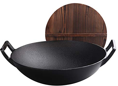 ZXFDMSWJ Wok en Fonte de 36 cm d'épaisseur Non revêtu à Double Oreille à Fond Rond Poêle à Induction Poêle à gaz à l'ancienne Grande marmite en Fer Infinite Wok,Black-36cm