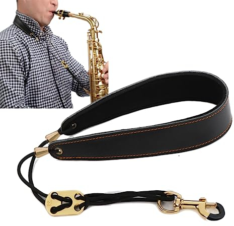 JIAMIAN Schwarz Trageriemen, Premium Saxophon-Halsband Aus Echtem Leder, Bequemer Halsriemen, Nackengurt, Saxophongurt Aus Leder, Verstellbare Schnalle