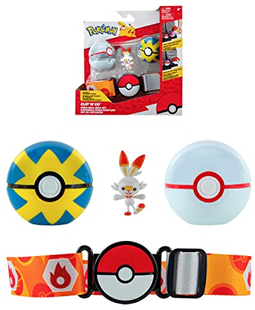 Pokémon Bandai Gürtel Clip 'N' Go – 1 Gürtel, 1 Quick Ball, 1 Premier Ball und 1 Figur 5 cm Flambino (Scorbunny) – Zubehör zum Verkleiden als Dresseur JW2716
