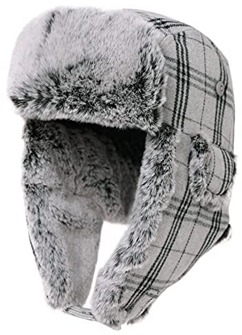 Comhats warme Fliegermütze für Herren Ohrenschützer Unisex Wintermütze mit Ohrenklappen weiche Kunstfellmütze Winddicht Grau-Schwarz L