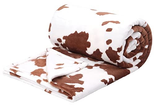 PiccoCasa Kuh-Bedruckte Decke, weiche 300 g/m² Fleece-Flanell-Überwurfdecke, leicht, niedlich, bequem, warm, Rindsleder, Decken für Couch, Sofa, Bett, Büro, 150 x 200 cm, Braun