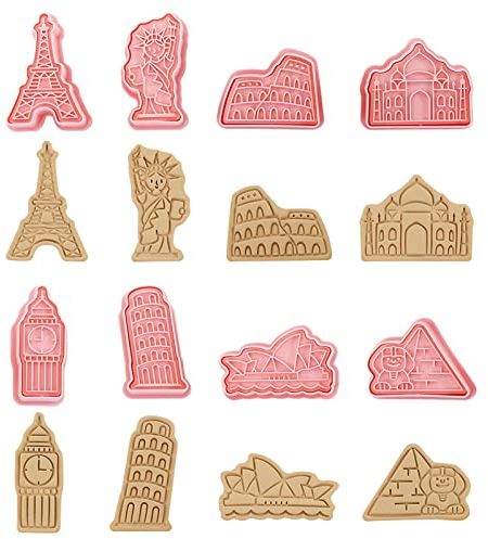FIYSON 8 Pcs Voyage Landmark Construction Emporte-pièces Tour Eiffel Statue de la Liberté Pyramide Cutters Set 3D Cookie Silicone Moule Ensemble pour Cookie Glaçage Fondant Gâteau Décoration