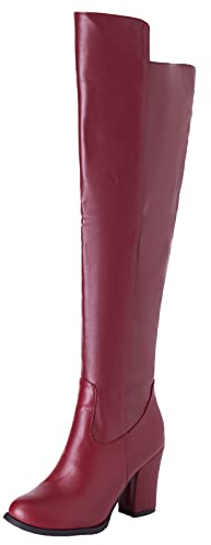 Lroey Reoly Stivali da Donna con Tacco a Blocco Sopra Il Ginocchio Stivali Invernali con Tacco Alto Punta Tonda Stivali Lunghi con Zip Vino Rosso Numero 33 EU