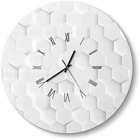 DEQORI Glasuhr | rund Ø 50 cm | Motiv Weiße 3D-Waben | große XXL Design Uhr aus Glas | leise Wanduhr für Wohnzimmer & Küche | Moderne Hingucker Uhr für die Wand