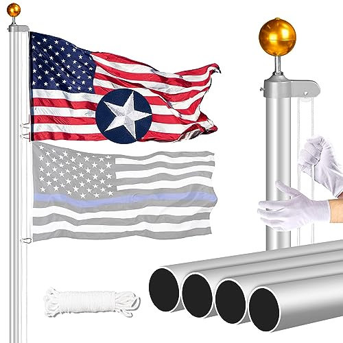 Heavy Duty Flag Pole in Ground-20FT 13 Gauge Extra Thick Aluminum Flagpole Kit with 5x3 TearProof Embroidered American Flag,for Outside Yard,Outdoor,Commercial or Residential-Sliver