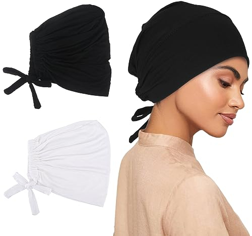 2 Stück Turban Damen Frauen Undercap Hijab Unterschal Hijab, Frauen Muslimischen Kopftuch Beanie, Islamische Muslimische Hijab Cap mit Tie Back Solid Color Hijab Mütze Schlafmütze Kopftuch Chemo