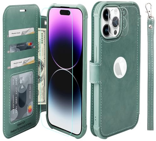 VANAVAGY iPhone 15 Pro Max Wallet Case, Leather Flip Folio Shockproof Phone Cover [Screen Protector Included][Support Wireless Charging][Wrist Strap] with RFID Blocking Card Holder, Forest green
