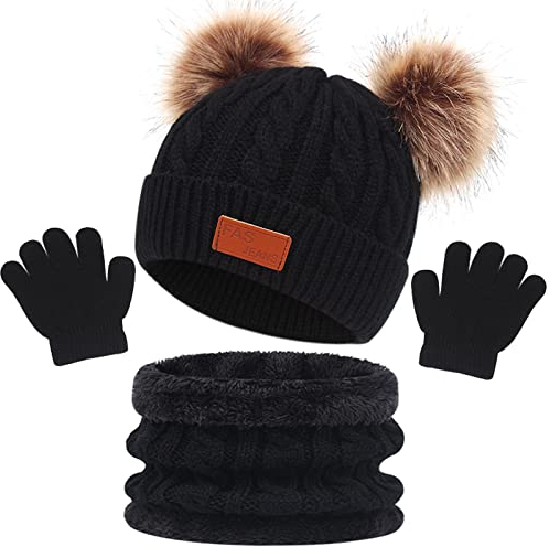 Enwokran Kinder Beanie Wintermütze Hut Schal Handschuhe Set, 3 Stück Verdicken Fleece Thermisch Warme Strickmütze Babymütze Handschuhe Runder Schal Set für Jungen Mädchen, 2-6Jahre (Schwarz)