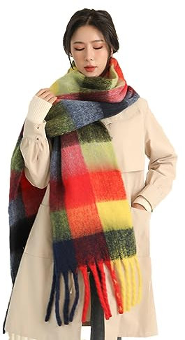 Damen Schal, Kariert übergroßer Winter SchaltuchKaro Schultertuch Plaid Deckenschal Modeschal Weich Warm Strickschal Oversized Herbstschal Warme Winter Stola mehrfarbig,Gelb Rot Schwarz