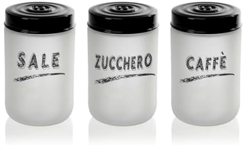 Set 3 Barattoli Contenitori, Tris Sale Zucchero Caffè, in Vetro Bianco Satinato, Cucina Stile Shabby