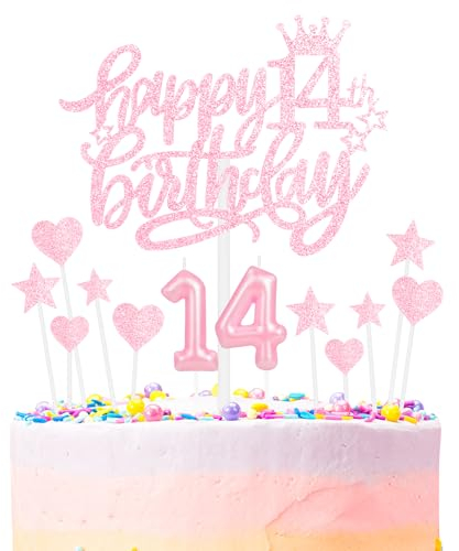 Happy 14th Birthday Candles Cake Toppers Set, Number 14 Candles for Cake, Birthday Party Candles, Light Pink Birthday Cake Candles Heart Star Cupcake Toppers for Girls Women Birthday Cake Decorations