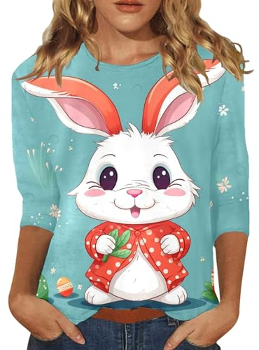 Easter Bunny T-Shirt Osterfest Damen Fashion Damen bedrucktes Hemd, 3/4-Ärmel, Tunika-Oberteil, Rundhalsausschnitt, Bluse, T-Shirt Karo Kauer Damen Damen T-Shirt Mit Rundhalsausschnitt