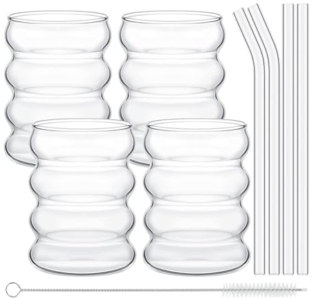 BestAlice Juego de Tazas para Desayuno, Vasos de Jugo, Tazas de Café, Vasos de Bebidas Vintage, Taza de Café con Hielo, Vasos de Vidrio Transparente, Taza Matcha para el(4xTazas+4xPajita+1xCepillo)