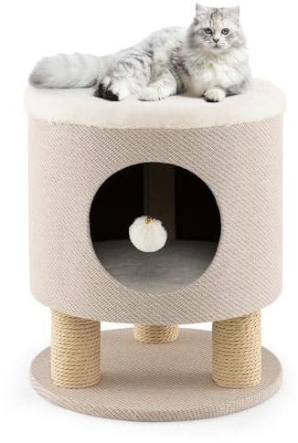 SOARS Petit Arbre à Chat Griffoir,Niche Maison pour Chat d'Intérieur 40x40x47CM avec 1 Pompons&3 Poteaux Sisal,Tour de Jeux Charge 60 KG (Beige)