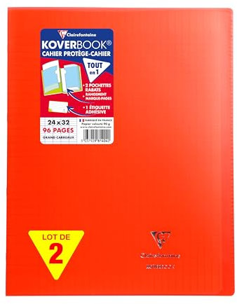 Clairefontaine 981404AMZC Un lot de 2 Cahiers Agrafés Koverbook 24x32 cm - 96 Pages Grands Carreaux - Papier Blanc 90 g - Couverture Polypro - Couleur : Rouge