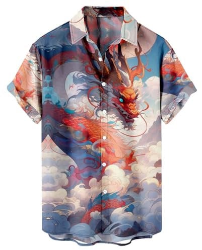 HAOLEI Short Sleeved Shirts for Men UK Clearance Chinese Dragon Print Casual Shirts Summer Lightweight Regular Fit Turn-Down Collar Tops Button Down Hawaiian Vacation Shirt for Beach S-4XL