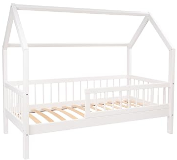 Alije Kinderbett Bett mit Rausfallschutz 60x120 Weiß Lena Lattenrost Bettgestell aus Kiefer Holz für Haus Kinder Jungen & Mädchen - Holzbett Baby Kinderzimmer Junge Deko