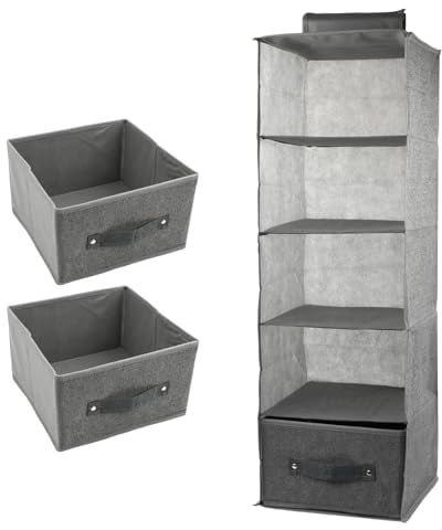 Catime 5 Fächern Schrank Organizer Hängend 25x25x90cm, Hängeregal Kleiderschrank, Hängeaufbewahrung Klein, Hängeorganizer mit 2 Entfernbaren Schubladen (Grau)