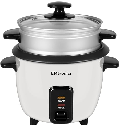 EMtronics EMRCDSTWH0-6 Rice Cooker 0.6 Litre with Automatic Cooking, Steamer Tray and Warmer Function with Removable Non-Stick Bowl, Measuring Cup and Spatula 350W - White