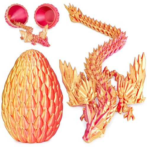 3D Printed Dragon Egg with Articulated Winged Dragon Inside, Collectible Figurine Fidget Toy for Adults Kids, Birthday Easter Stocking Fillers for Friends Colleagues,Red M Size