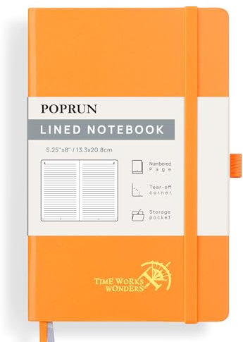 POPRUN Notizbuch A5 liniert, 120 GSM Papier für Frauen und Männer, 128 nummerierte Seiten, Hardcover mit Selbstklebenden Registerkarten und 8 Abreißblättern - Orange