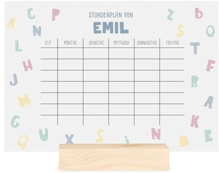 Stundenplan mit individuellem Motiv & Namen, abwischbar, Geschenk zur Einschulung - optionaler Holzaufsteller, DIN A4 mit Stift (Buchstaben transparent)