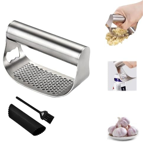 IAZHENJane Broyeur Manuel à l'ail à Bascule Garlic Presse Garlic Press Rocker Crusher Presse ail à Acier INOX Presse ail bascule avec brosse de nettoyage pratique et éplucheur d'ail en sili (1)