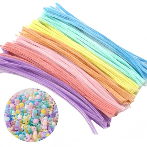 300 Stück Macaron mehrfarbige Chenille-Stiele Pfeifenreiniger + 150 Stück Macaron mehrfarbige Pompons für DIY Handwerk Dekorationen Baum des Lebens Lampen-Set