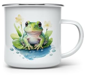 MAXIKIWI - Durable Enamel Coffee or Tea Camping Mug for Indoor Outdoor Use - Watercolor Frog - 350ml