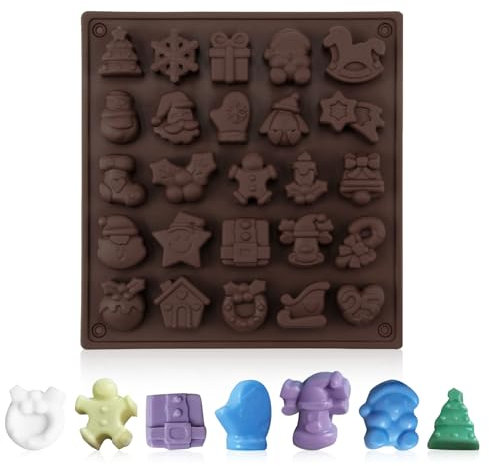 Moule en Silicone de Noël 25 Cavités, Moules à Chocolat avec Sapin, Bonhomme en Pain d’Épices, Bonhomme de Neige & Père Noël, Antiadhésif, 3D, pour Chocolats, Bonbons, Gâteaux, Biscuits, Gelée