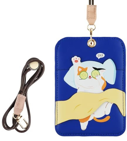 AXFEE Lanière avec porte-cartes – Porte-clés créatif en cuir synthétique avec protection portable en forme de chat de dessin animé avec cordon amovible, convient pour homme et femme, compatible avec