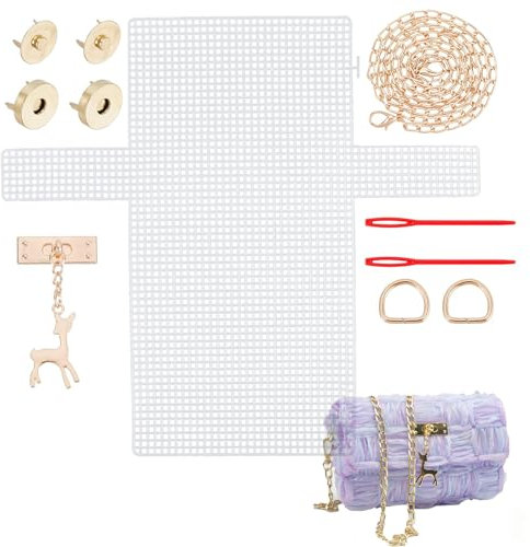 Häkelnetz-Taschen-Kit,taschen häkeln zubehör,Kunststoff-Mesh-Taschenböden mit Dekoration, für Handtaschen, Schulterketten und Nähen, tasche häkeln set