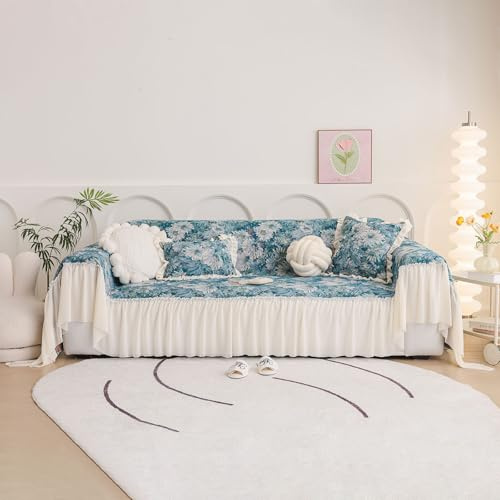 HANDONTIME Housse de canapé vintage – Style peinture à l'huile – Tissu jacquard floral – Housse lavable pour décoration de canapé, 180 x 300 cm, bleu
