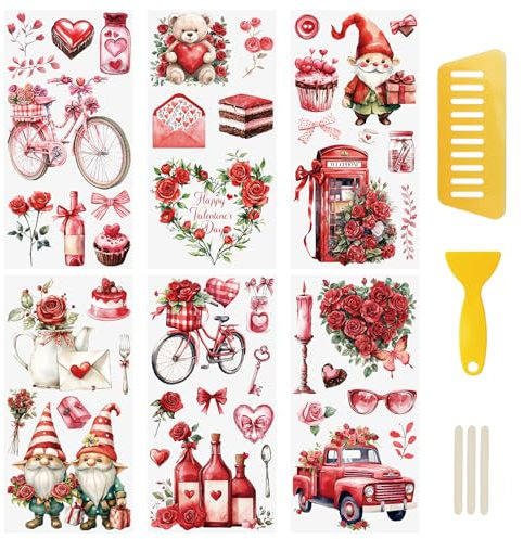 WANDIC 6 x Transfer-Aufkleber zum Aufreiben, Happy Valentine's Day, Transfer-Aufkleber für Möbel, Scrapbooking, Fenster, 15 x 30 cm