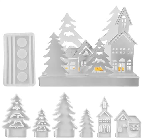 Lot de 7 moules en silicone en forme de village de Noël | Moules de Noël en silicone | Moules en résine pour maison de Noël | Maisons de Noël en arbres de Noël outils de fabrication de bonbons en