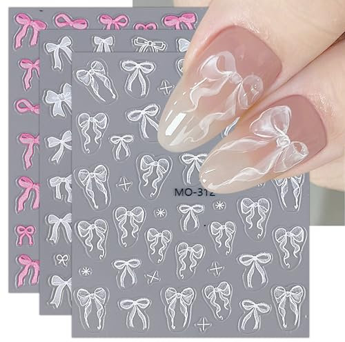 JMEOWIO 6 Sheets White Pink Bow Nail Art Stickers Decals Self-Adhesive Nail Supplies Nail Art Design Decoration Accessories