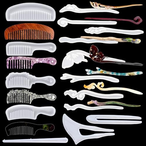 Cayway 12 Stück Haarnadel Epoxidharz Formen Silikon, 4 Stück Kamm Schmuck Silikonform für Haarnadel Clip, Kamm DIY Herstellung Zubehör