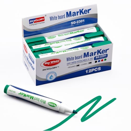 SKYGLORY 12 Green Chisel Tip White Board Markers - Erasable Whiteboard Pens, Smooth White Board Marker for Home & Office (Green)