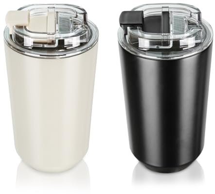 Puraville 2 Pack 400ml Insulated Stainless Steel Tumblers with Lid | Travel Coffee Mug Vacuum Cup, Leak Proof Reusable Double Walled Coffee Tumbler for Iced and Hot Drinks, Black and Cream