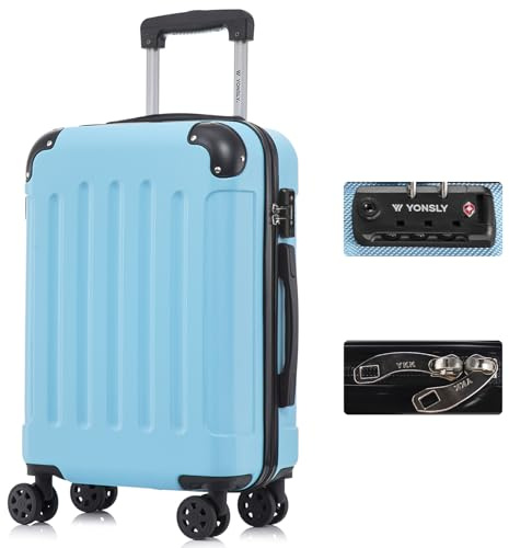 YONSLY Premium Reisekoffer TSA-Schloss,YKK-Reißverschluss Hartschalen-Koffer Trolley Kabinenkoffer Rollkoffer Suitcase Handgepäck 4 Rollen (Hellblau, M)