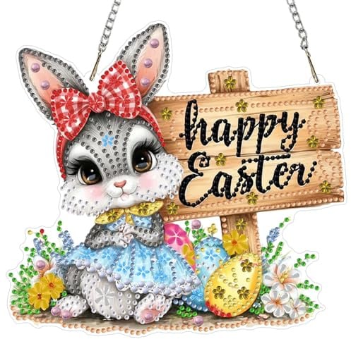 MXJSUA Diamond Painting Anhänger mit Kette Erwachsene, Diamant Painting Fensterbilder Hängende Ornament Bastelset Set für Wand Und Eingang Decor 20x20CM （Süßer Osterhase）