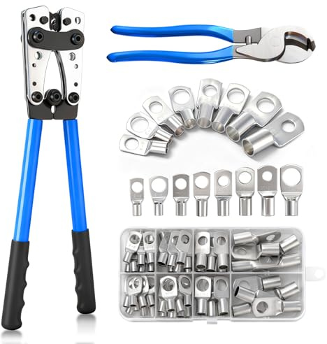 GEARLEADER Battery Cable Lug Crimping Tool Fit for AWG 10-1/0 | Heavy Duty Wire Battery Terminal Crimper with 60PCS Tinned Copper Lugs for Automotive, Marine, Solar & RV Wiring