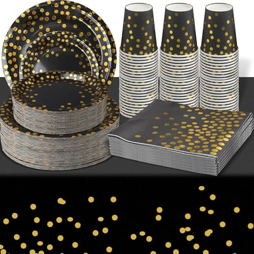 Vaisselle de fête noire et or 201 pièces, assiettes, gobelets, serviettes et nappe à pois dorés. Élégant et pratique pour anniversaire, mariage, baby shower ou toute autre célébration spéciale