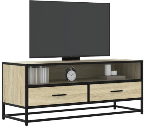 Holamys Sonoma-Eiche TV-Schrank, 100x34,5x40 cm, Holzwerkstoff & Metall, langlebiges Lowboard für Wohnzimmer, Schlafzimmer, Entertainment-Center, TV-Konsole